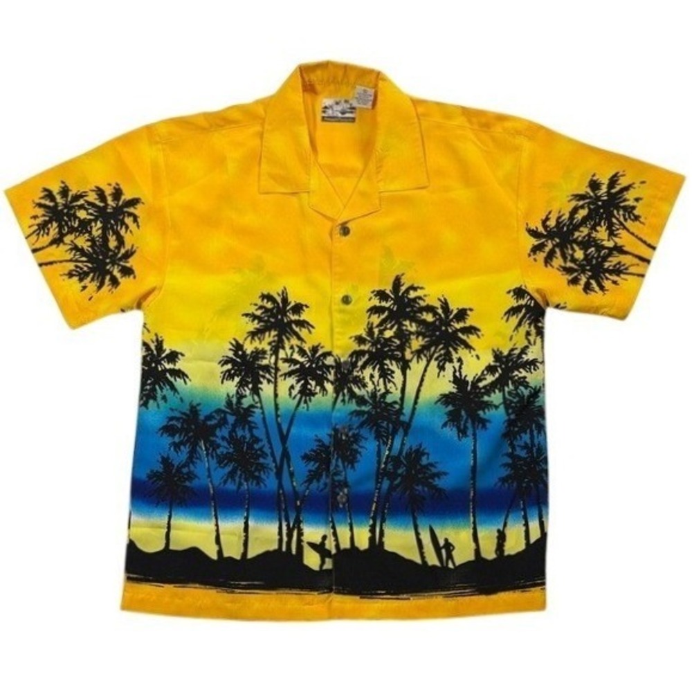 Pineapple Connection Mens XL Hawaiian Shirt Yellow Blue Sunset‎ Palm Tree Surfer